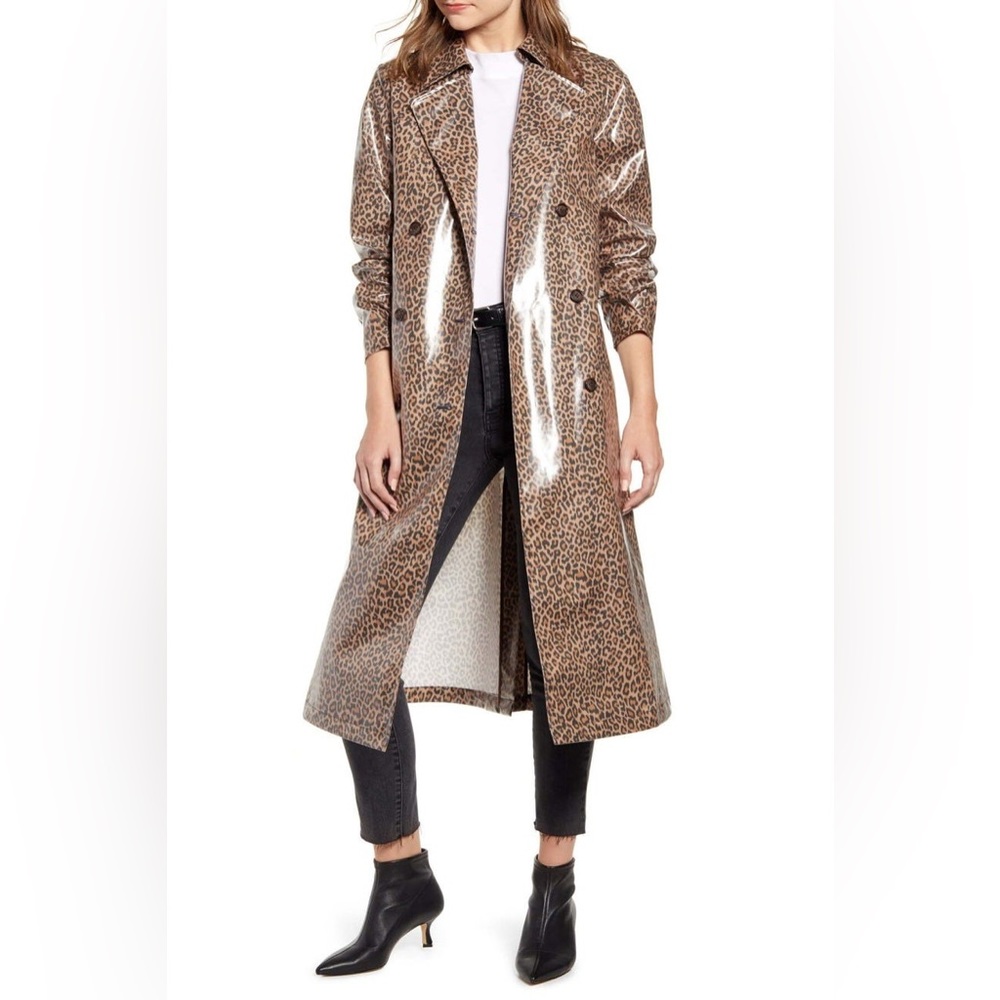 SOMETHING NAVY Leopard Print Water Resistant Coated Trench Coat XS
